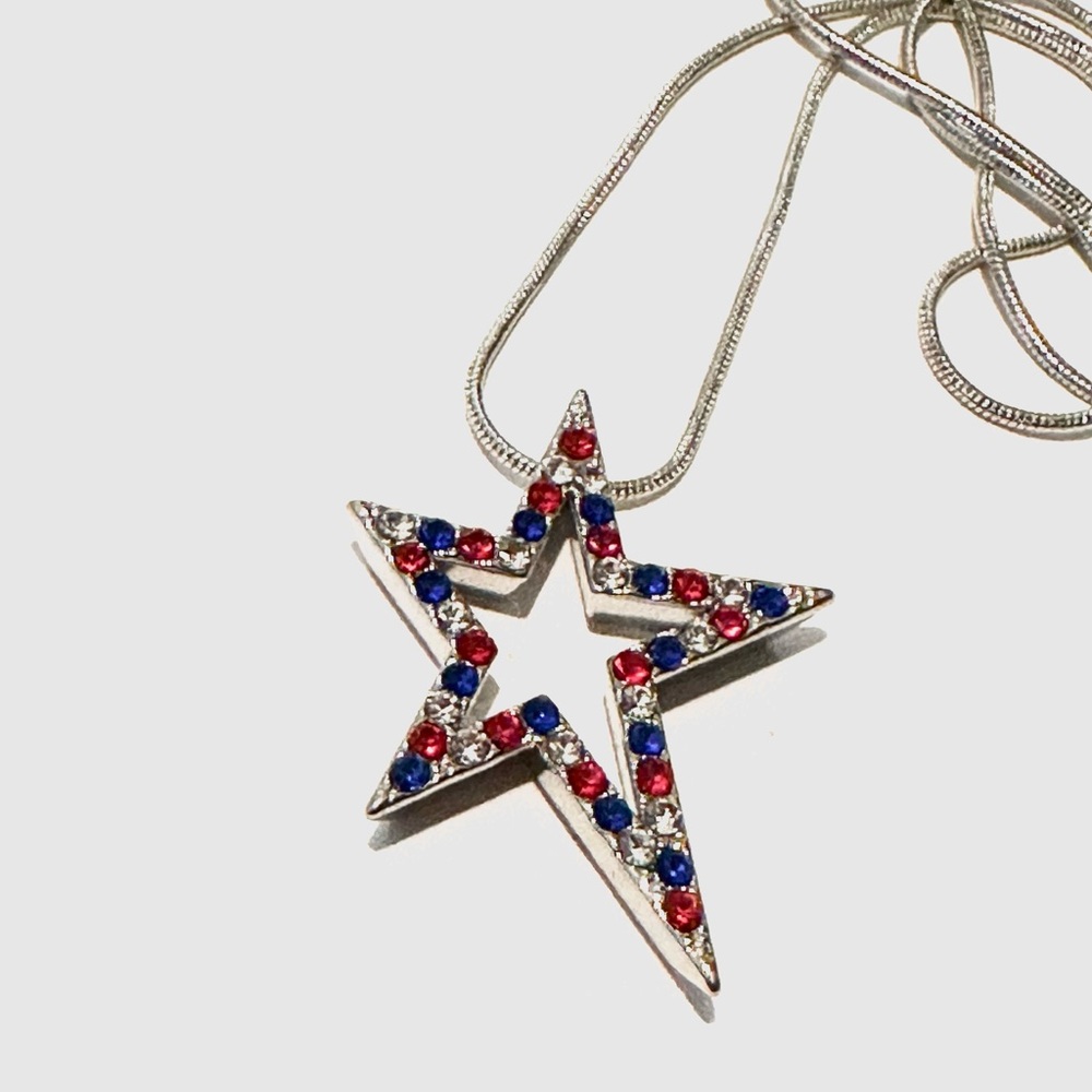3 for $25 Silver Star Pendant Necklace with Red, Clear and Blue Rhinestones